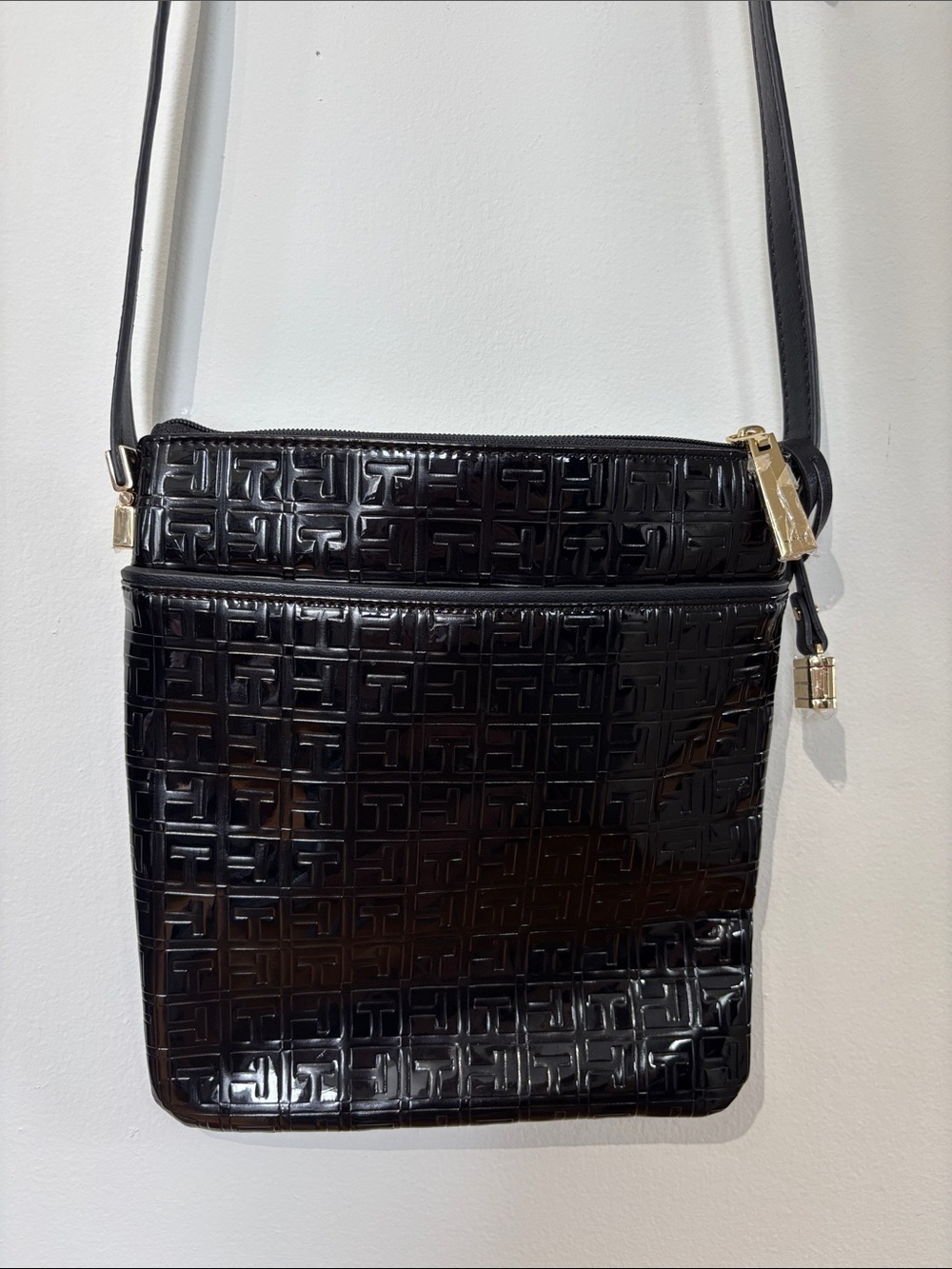 Tommy Hilfiger Black Embossed Patent Crossbody with Gold Hardware